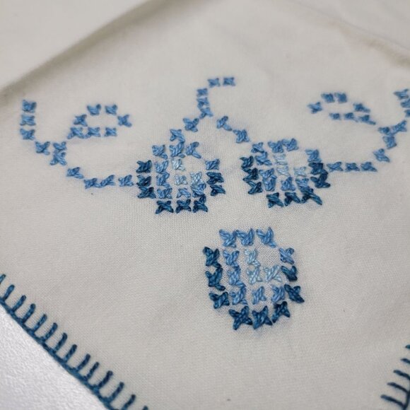 Embroidered Napkin Vintage Linen Handmade Flowers Stitched Blue 10 Inch Blue - Picture 6 of 8